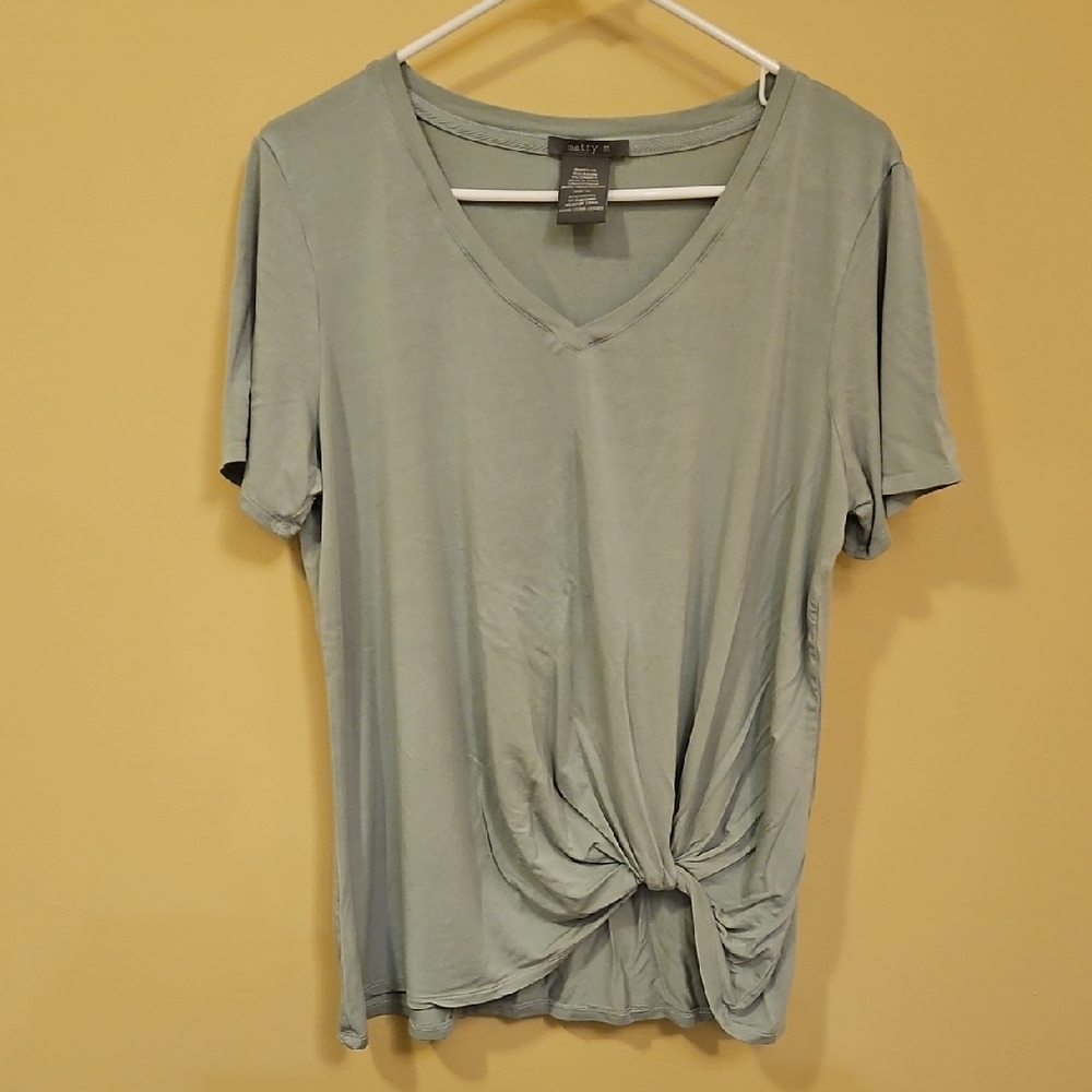 Matty M Short Sleeve V-Neck Knot Front Tee - Sage Green